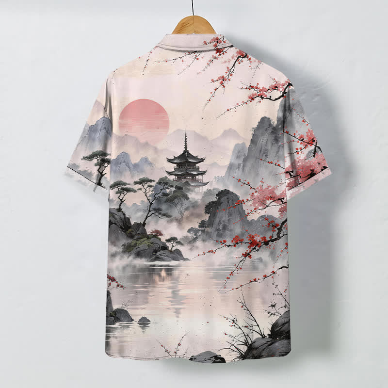 Buddha Stones Camisa de manga corta transpirable para hombre con botones y estampado de paisaje de tinta y flores. - image 1