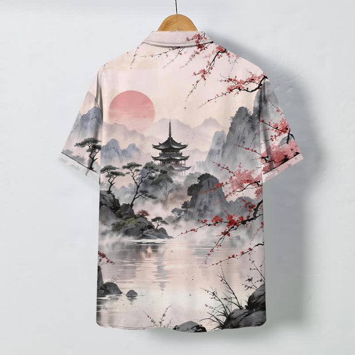 Buddha Stones Camisa de manga corta transpirable para hombre con botones y estampado de paisaje de tinta y flores. - image 1