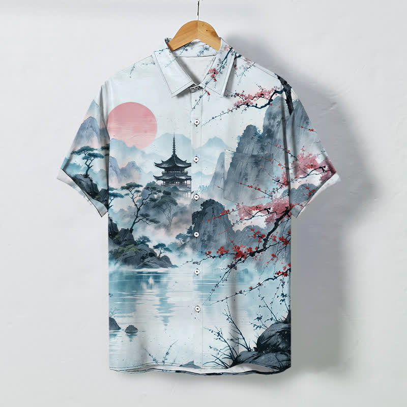 Buddha Stones Camisa de manga corta transpirable para hombre con botones y estampado de paisaje de tinta y flores. - Azul claro - US/UK/AU48, UE58 (4XL) - image 5