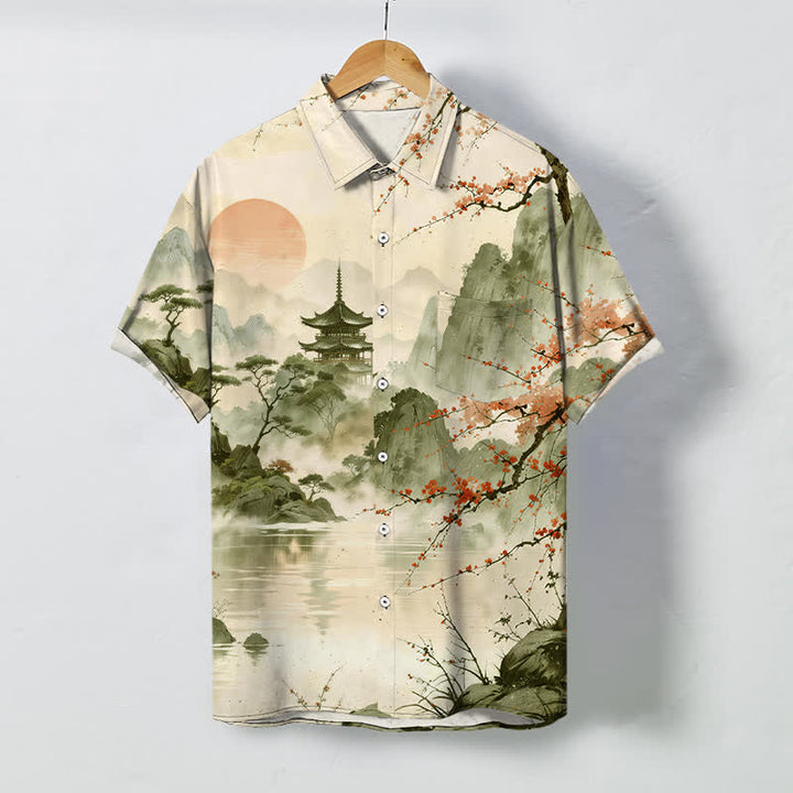 Buddha Stones Camisa de manga corta transpirable para hombre con botones y estampado de paisaje de tinta y flores. - Beige - US/UK/AU48, UE58 (4XL) - image 7