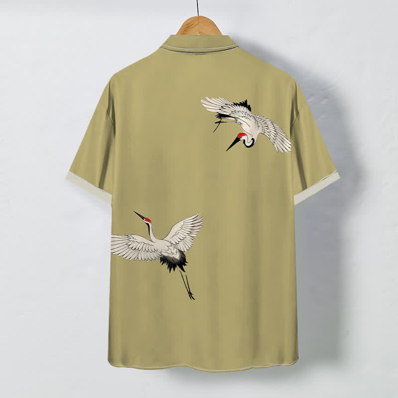 Buddha Stones Camisa transpirable de manga corta para hombre con botones y estampado de grulla blanca en pleno vuelo. - image 4