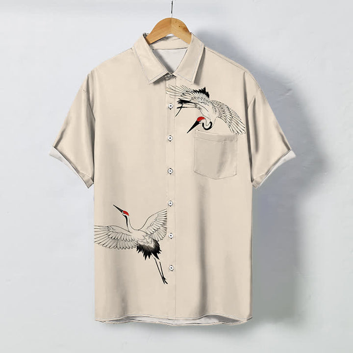 Buddha Stones Camisa transpirable de manga corta para hombre con botones y estampado de grulla blanca en pleno vuelo. - Beige - US/UK/AU48, UE58 (4XL) - image 5