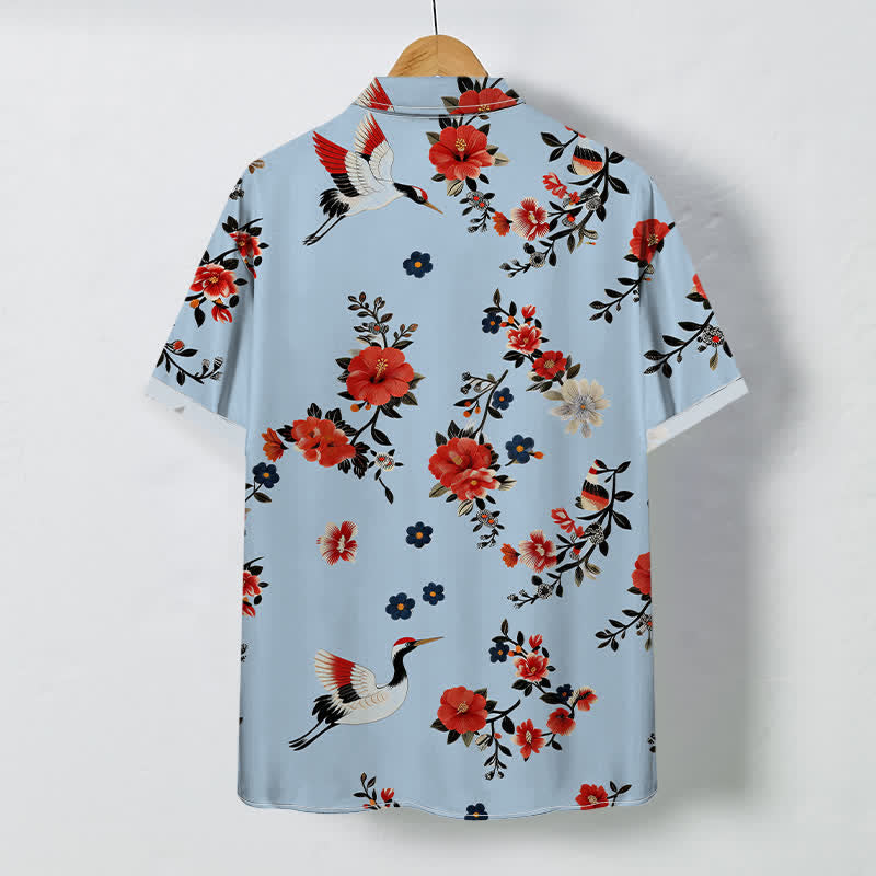 Buddha Stones Camisa transpirable de manga corta para hombre con botones y estampado de ramas de flores de grulla - image 4