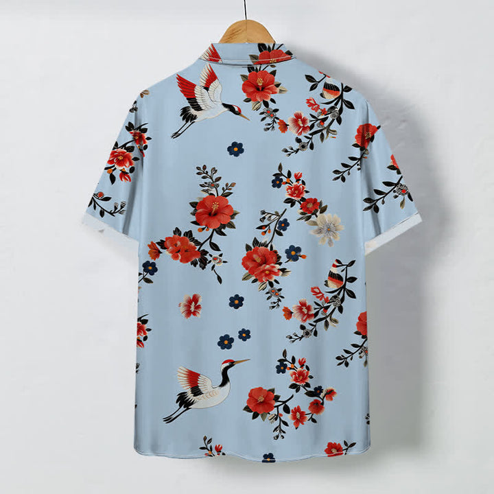 Buddha Stones Camisa transpirable de manga corta para hombre con botones y estampado de ramas de flores de grulla - image 4