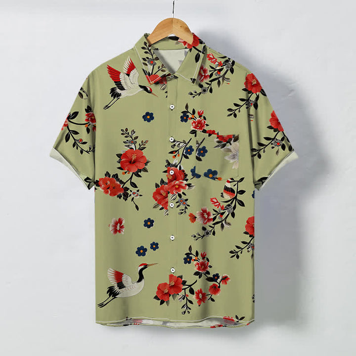 Buddha Stones Camisa transpirable de manga corta para hombre con botones y estampado de ramas de flores de grulla - Caqui oscuro - US/UK/AU48, UE58 (4XL) - image 5