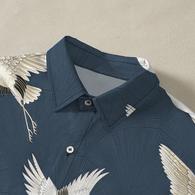 Buddha Stones Camisa transpirable de manga corta para hombre con botones y estampado de grulla blanca - image 2