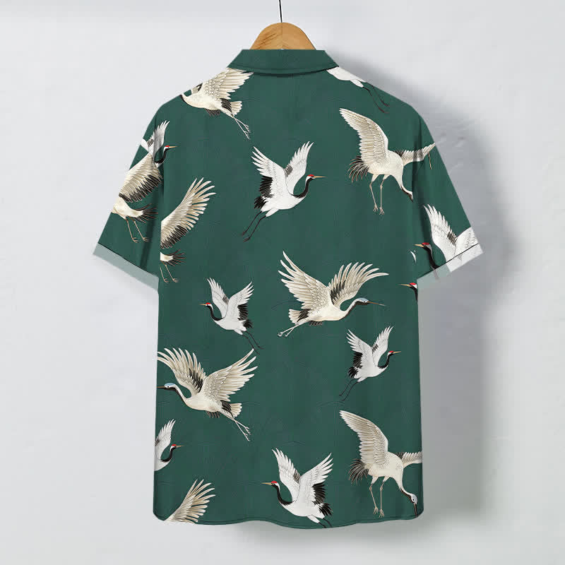 Buddha Stones Camisa transpirable de manga corta para hombre con botones y estampado de grulla blanca - image 8