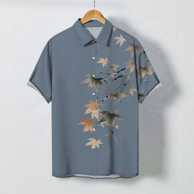 Buddha Stones Camisa transpirable de manga corta para hombre con botones y estampado de ramas de arce otoñales - Azul acero claro - US/UK/AU48, UE58 (4XL) - image 5