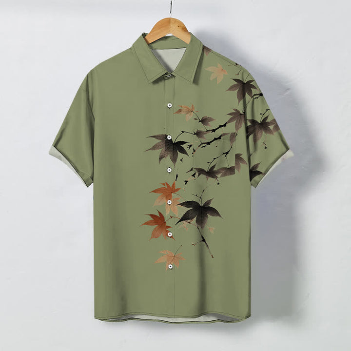 Buddha Stones Camisa transpirable de manga corta para hombre con botones y estampado de ramas de arce otoñales - Caqui oscuro - US/UK/AU48, UE58 (4XL) - image 7