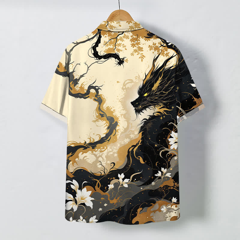 Buddha Stones Camisa transpirable de manga corta para hombre con botones y estampado floral de nube de dragón dorado - image 1