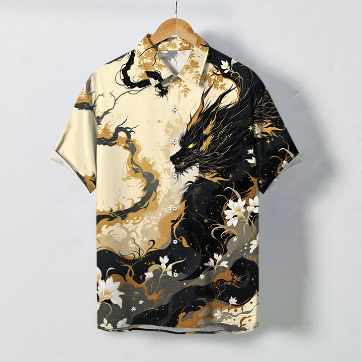 Buddha Stones Camisa transpirable de manga corta para hombre con botones y estampado floral de nube de dragón dorado - Blanco antiguo - US/UK/AU48, UE58 (4XL) - image 0