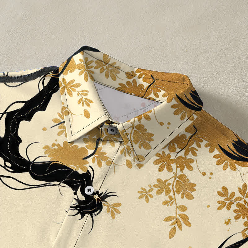 Buddha Stones Camisa transpirable de manga corta para hombre con botones y estampado floral de nube de dragón dorado - image 2
