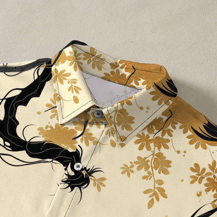 Buddha Stones Camisa transpirable de manga corta para hombre con botones y estampado floral de nube de dragón dorado - image 2