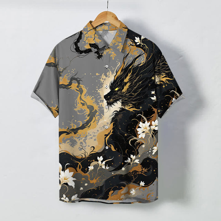 Buddha Stones Camisa transpirable de manga corta para hombre con botones y estampado floral de nube de dragón dorado - Gris oscuro - US/UK/AU48, UE58 (4XL) - image 5