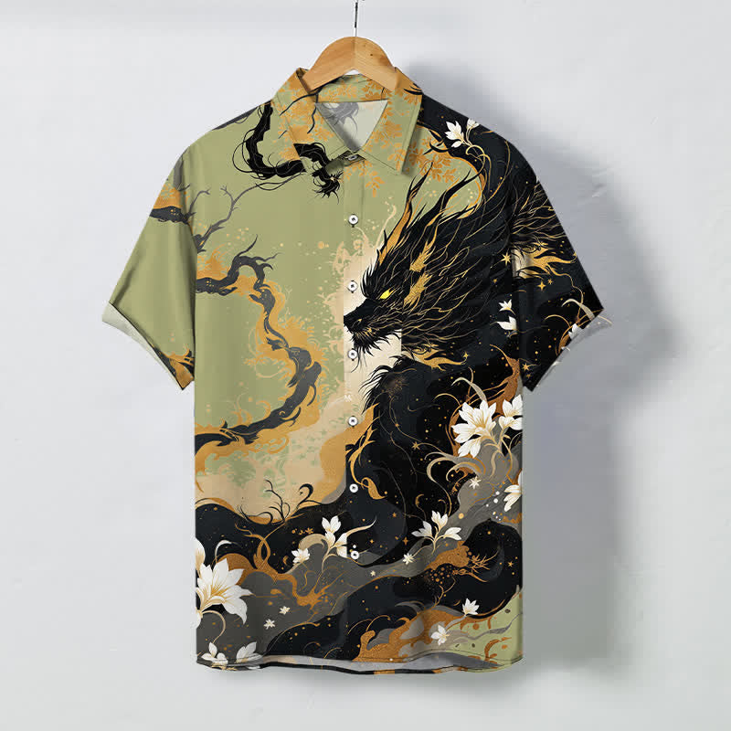 Buddha Stones Camisa transpirable de manga corta para hombre con botones y estampado floral de nube de dragón dorado - Verde amarillento - US/UK/AU48, UE58 (4XL) - image 7
