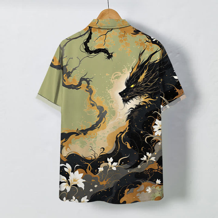 Buddha Stones Camisa transpirable de manga corta para hombre con botones y estampado floral de nube de dragón dorado - image 8