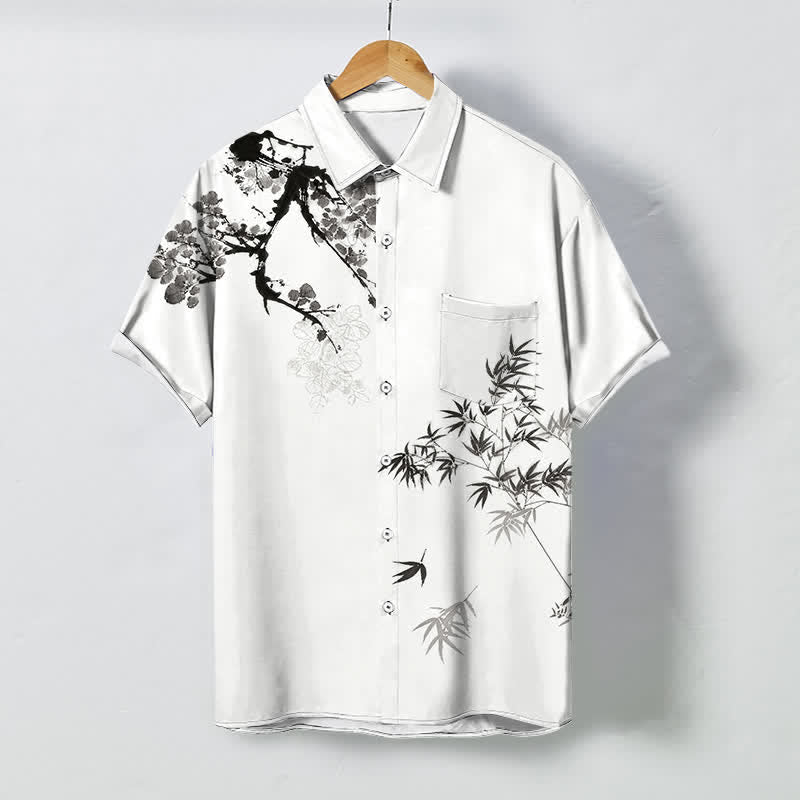 Buddha Stones Camisa transpirable de manga corta para hombre con botones y estampado de ramas de bambú y hojas de tinta. - Blanco - US/UK/AU48, UE58 (4XL) - image 0