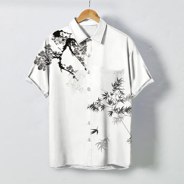 Buddha Stones Camisa transpirable de manga corta para hombre con botones y estampado de ramas de bambú y hojas de tinta. - Blanco - US/UK/AU48, UE58 (4XL) - image 0