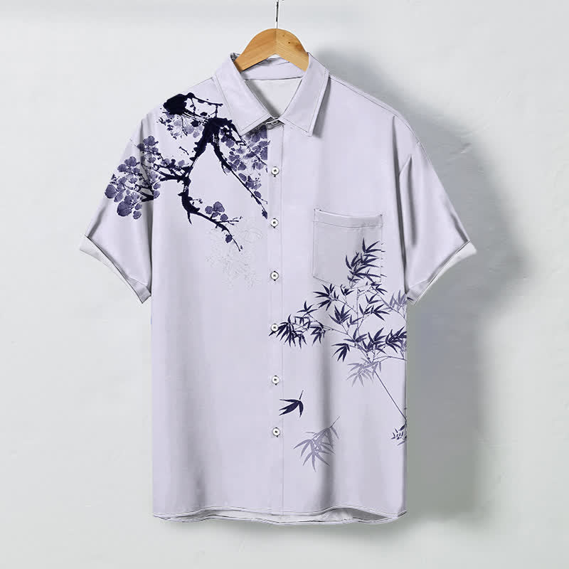 Buddha Stones Camisa transpirable de manga corta para hombre con botones y estampado de ramas de bambú y hojas de tinta. - Lavanda - US/UK/AU48, UE58 (4XL) - image 3