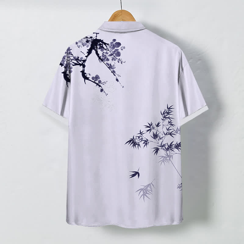Buddha Stones Camisa transpirable de manga corta para hombre con botones y estampado de ramas de bambú y hojas de tinta. - image 4