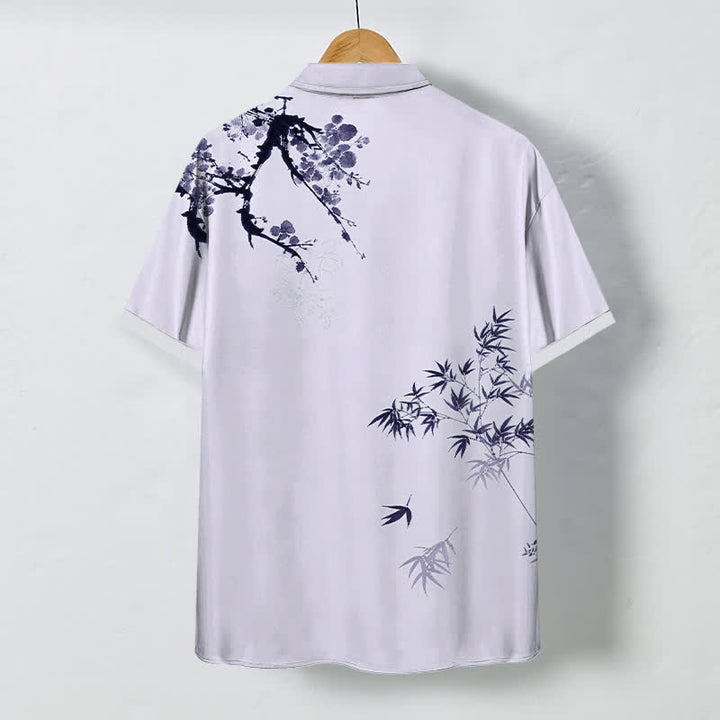 Buddha Stones Camisa transpirable de manga corta para hombre con botones y estampado de ramas de bambú y hojas de tinta. - image 4