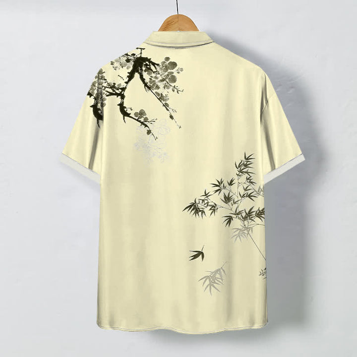 Buddha Stones Camisa transpirable de manga corta para hombre con botones y estampado de ramas de bambú y hojas de tinta. - image 6