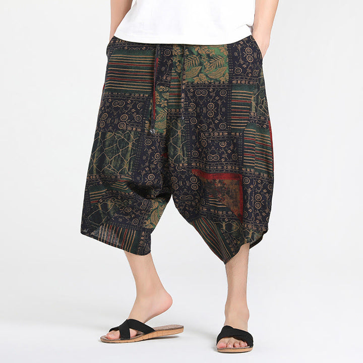 Buddha Stones Pantalones capri de verano estilo boho casual con cordón y estampado geométrico abstracto para hombre, estilo harem con bolsillo. - Verde mar oscuro - US/UK/AU46, EU56 (5XL) - image 8