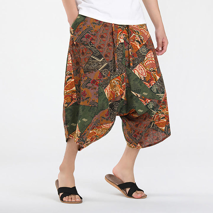 Buddha Stones Pantalones capri de verano estilo boho casual con cordón y estampado geométrico abstracto para hombre, estilo harem con bolsillo. - image 2