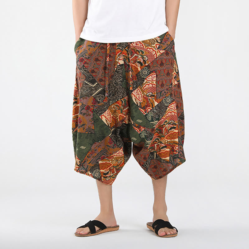 Buddha Stones Pantalones capri de verano estilo boho casual con cordón y estampado geométrico abstracto para hombre, estilo harem con bolsillo. - image 1