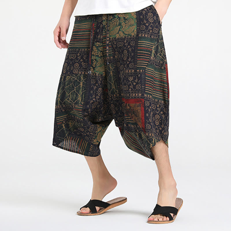 Buddha Stones Pantalones capri de verano estilo boho casual con cordón y estampado geométrico abstracto para hombre, estilo harem con bolsillo. - image 11