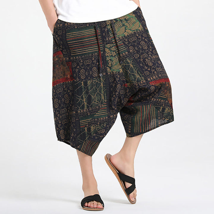 Buddha Stones Pantalones capri de verano estilo boho casual con cordón y estampado geométrico abstracto para hombre, estilo harem con bolsillo. - image 13