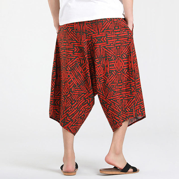 Buddha Stones Pantalones capri de verano estilo boho casual con cordón y estampado geométrico abstracto para hombre, estilo harem con bolsillo. - image 19