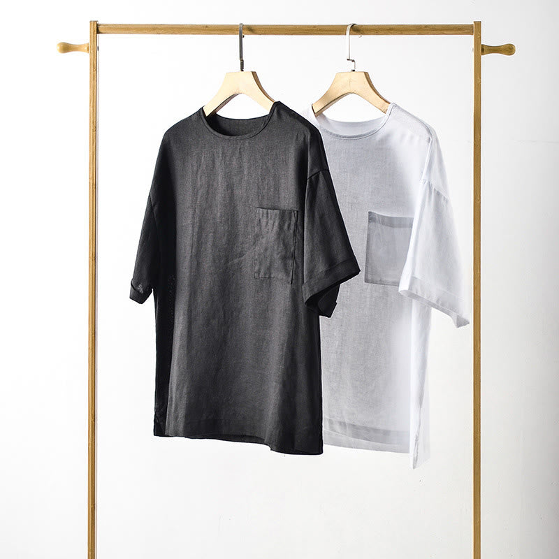 Buddha Stones Camisetas de manga corta para hombre, estilo casual de verano, minimalistas, de cuello redondo y color liso con bolsillo de parche. - image 1
