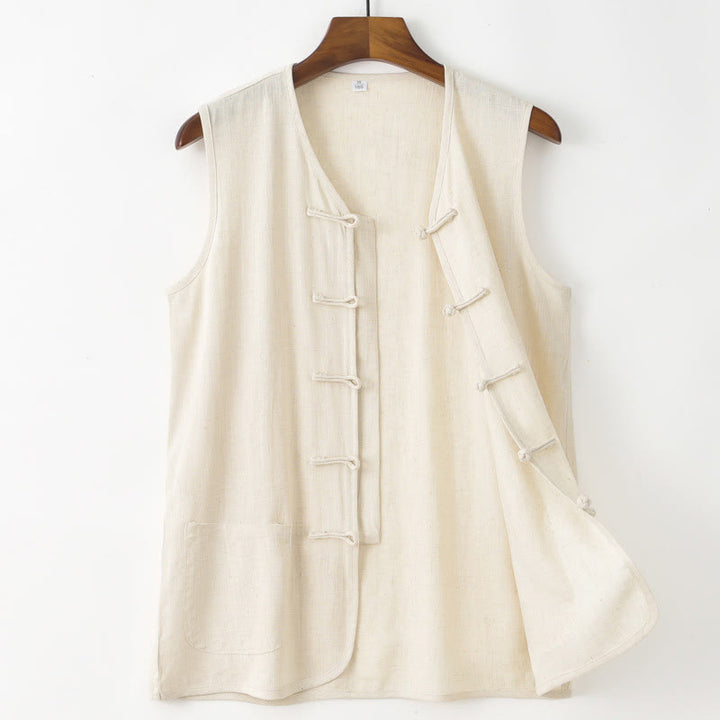 Buddha Stones Camiseta sin mangas estilo Tang informal con botones de rana para hombre, con bolsillo. - Beige - US/UK/AU48, EU58 (4XL) - image 2
