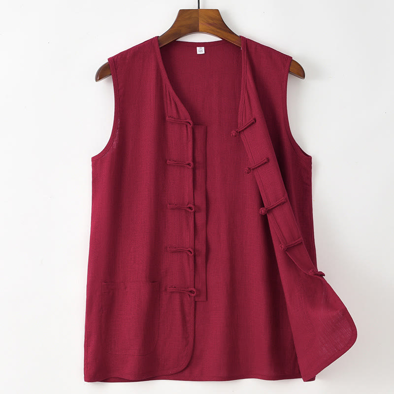 Buddha Stones Camiseta sin mangas estilo Tang informal con botones de rana para hombre, con bolsillo. - Ladrillo refractario - US/UK/AU48, EU58 (4XL) - image 5