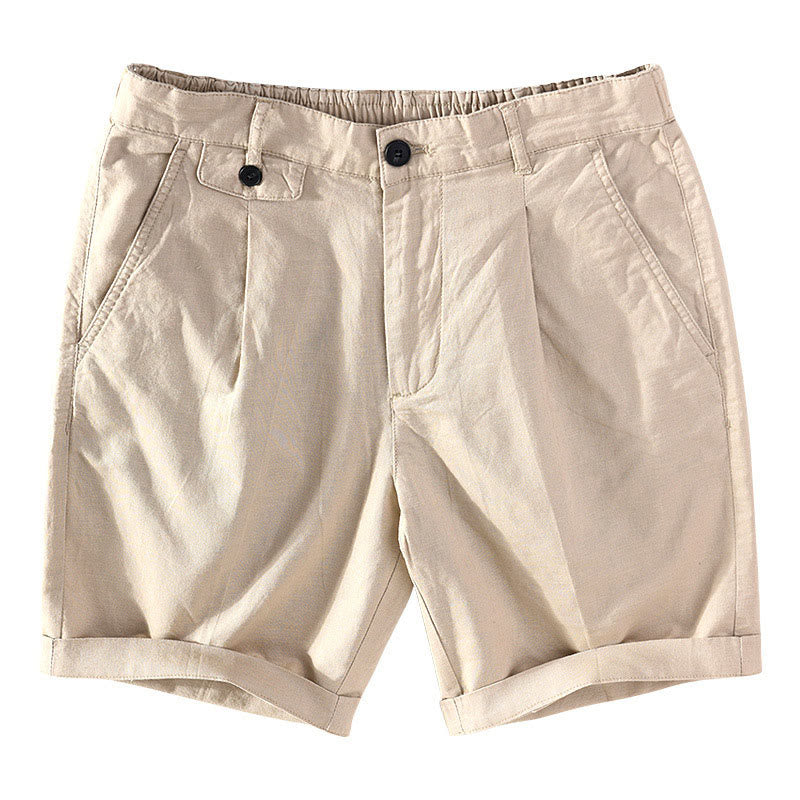 Buddha Stones Pantalones cortos de hombre de algodón y lino lisos, estilo casual minimalista, con botones y cremallera, ideales para primavera y verano. - Broncearse - US/UK/AU42, EU52 (3XL) - image 0