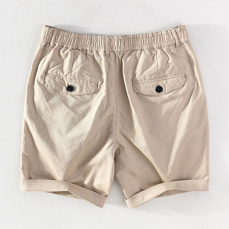 Buddha Stones Pantalones cortos de hombre de algodón y lino lisos, estilo casual minimalista, con botones y cremallera, ideales para primavera y verano. - image 1