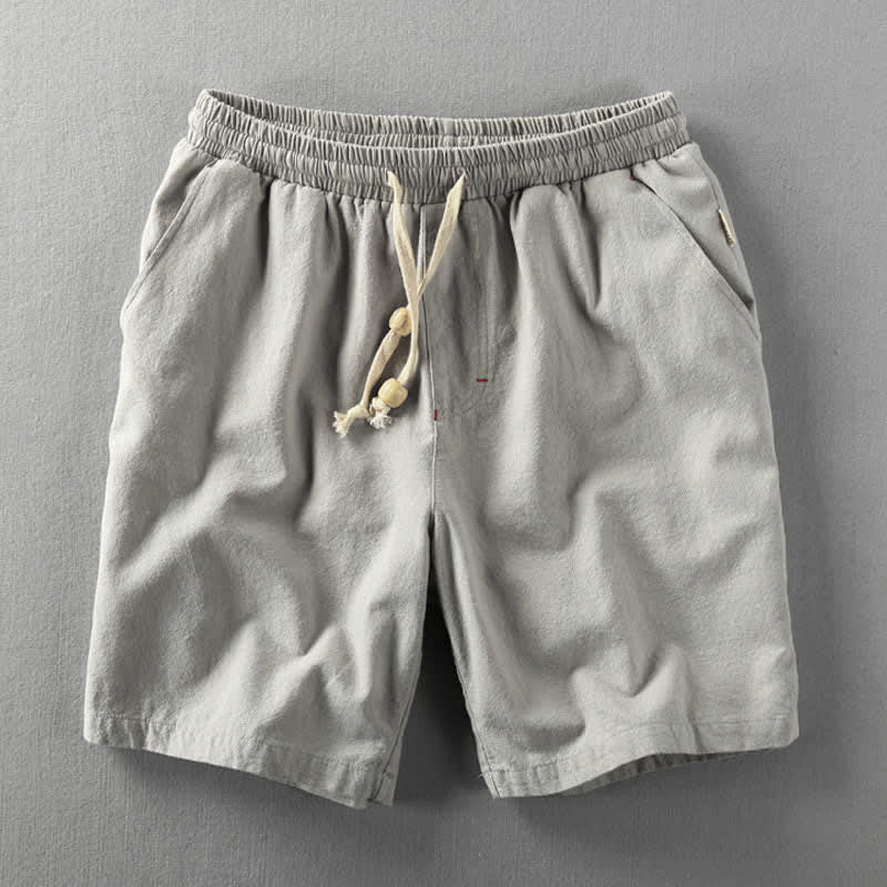 Buddha Stones Pantalones cortos de verano informales minimalistas de algodón y lino para hombre con cordón ajustable y bolsillos. - Gris claro - US/UK/AU48, EU58 (6XL) - image 0