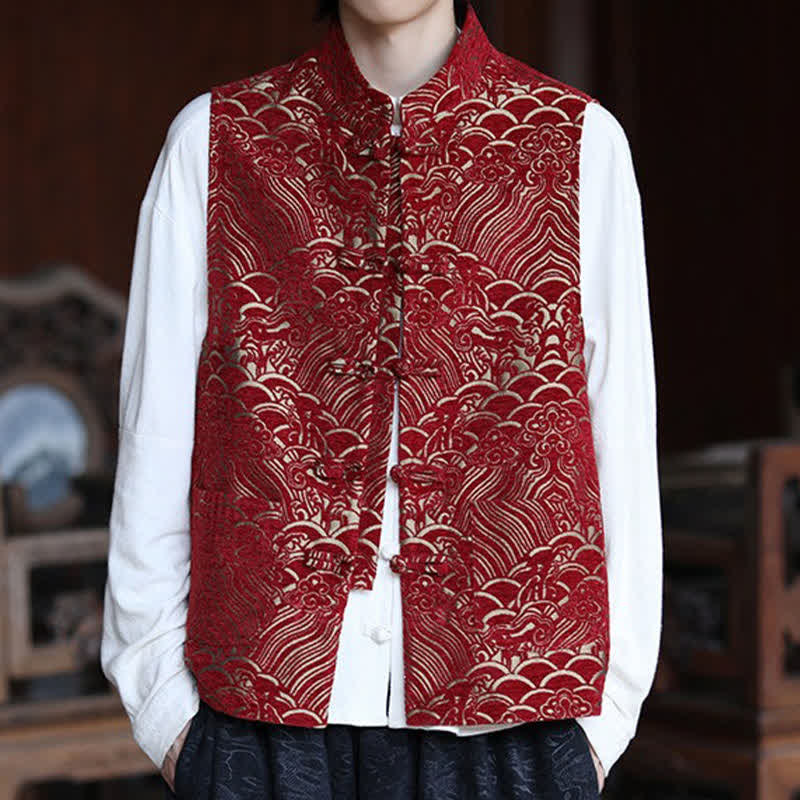 Buddha Stones Camisas sin mangas para hombre estilo Tang vintage con cuello mandarín, botones de rana y estampado jacquard abstracto. - Rojo oscuro - US/UK/AU46, EU56 (5XL) - image 13