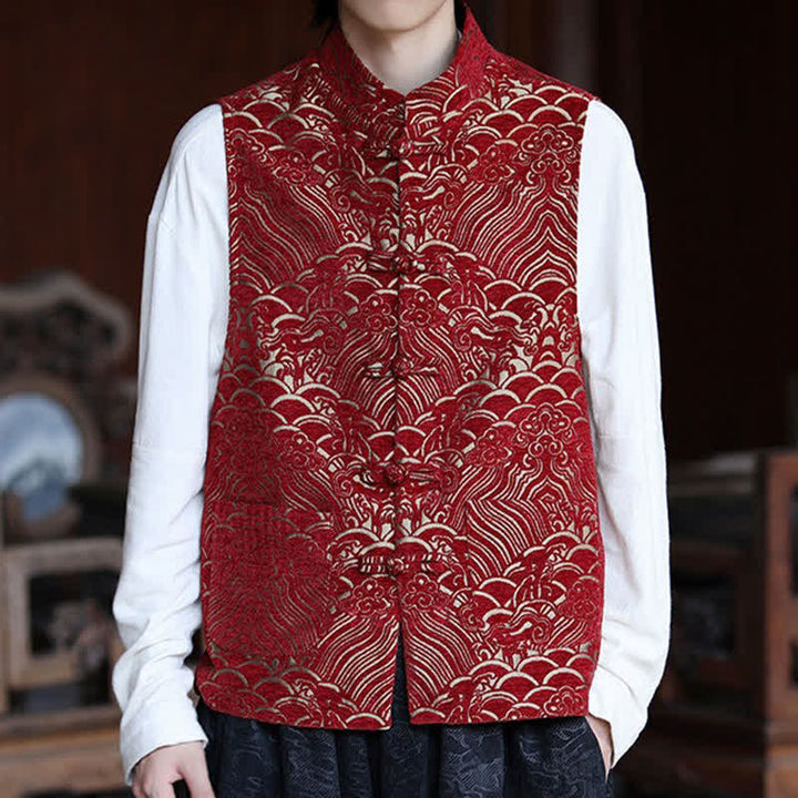 Buddha Stones Camisas sin mangas para hombre estilo Tang vintage con cuello mandarín, botones de rana y estampado jacquard abstracto. - image 15