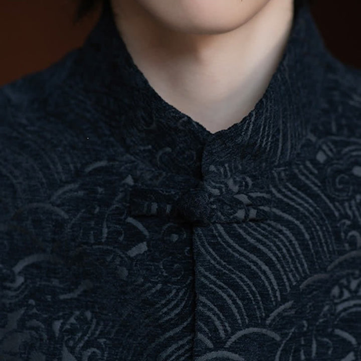 Buddha Stones Camisas sin mangas para hombre estilo Tang vintage con cuello mandarín, botones de rana y estampado jacquard abstracto. - image 9