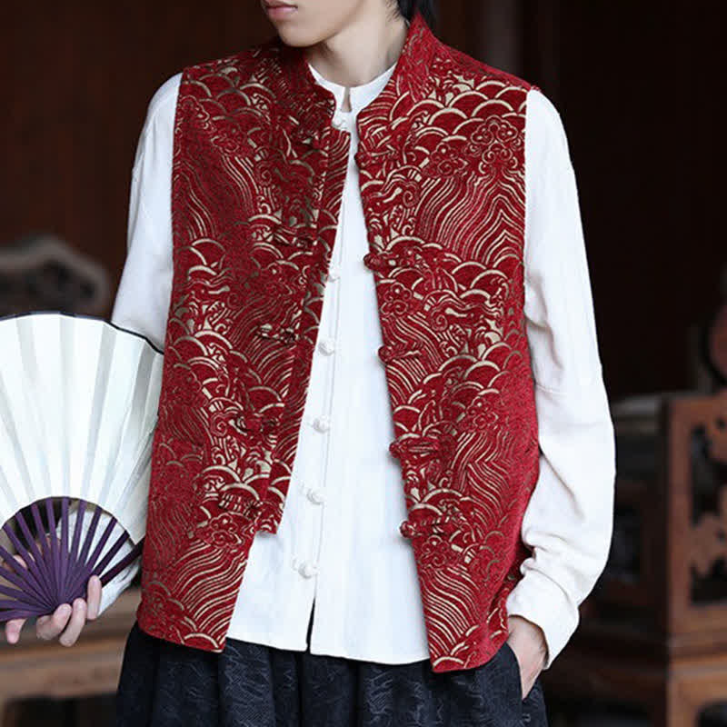 Buddha Stones Camisas sin mangas para hombre estilo Tang vintage con cuello mandarín, botones de rana y estampado jacquard abstracto. - image 14