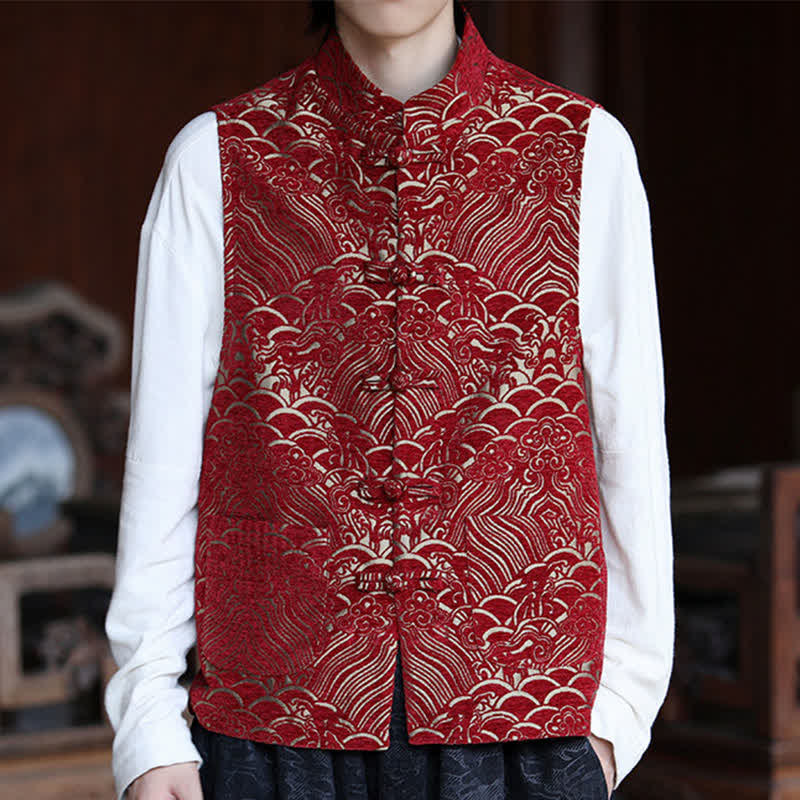 Buddha Stones Camisas sin mangas para hombre estilo Tang vintage con cuello mandarín, botones de rana y estampado jacquard abstracto. - image 19