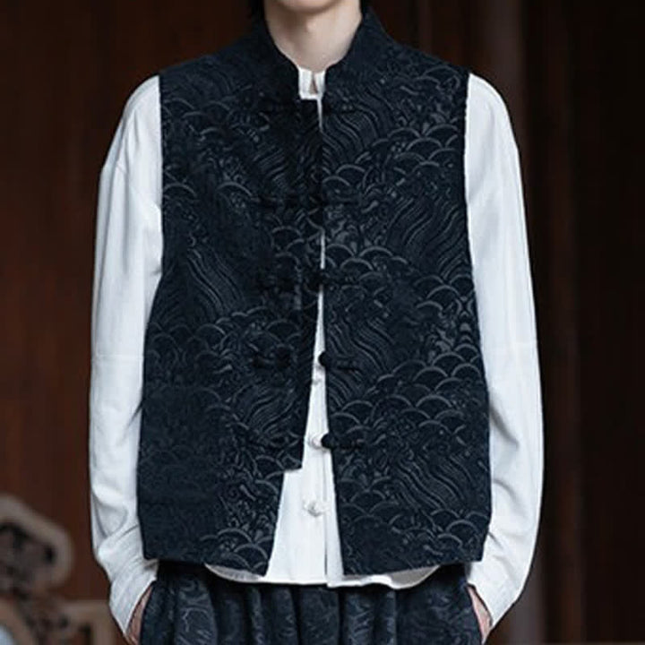 Buddha Stones Camisas sin mangas para hombre estilo Tang vintage con cuello mandarín, botones de rana y estampado jacquard abstracto. - image 5