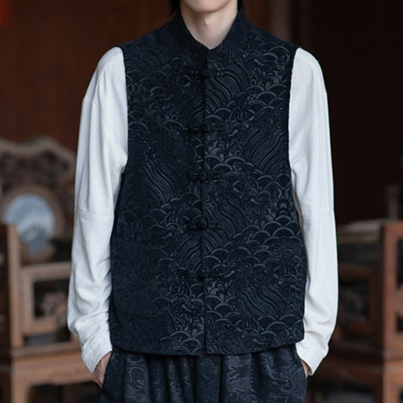 Buddha Stones Camisas sin mangas para hombre estilo Tang vintage con cuello mandarín, botones de rana y estampado jacquard abstracto. - image 4