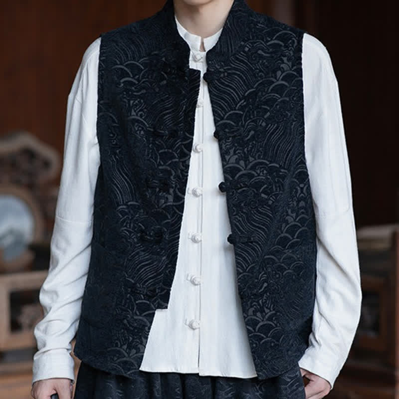 Buddha Stones Camisas sin mangas para hombre estilo Tang vintage con cuello mandarín, botones de rana y estampado jacquard abstracto. - Negro - US/UK/AU46, EU56 (5XL) - image 0