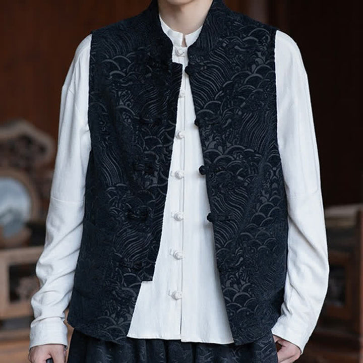 Buddha Stones Camisas sin mangas para hombre estilo Tang vintage con cuello mandarín, botones de rana y estampado jacquard abstracto. - Negro - US/UK/AU46, EU56 (5XL) - image 0