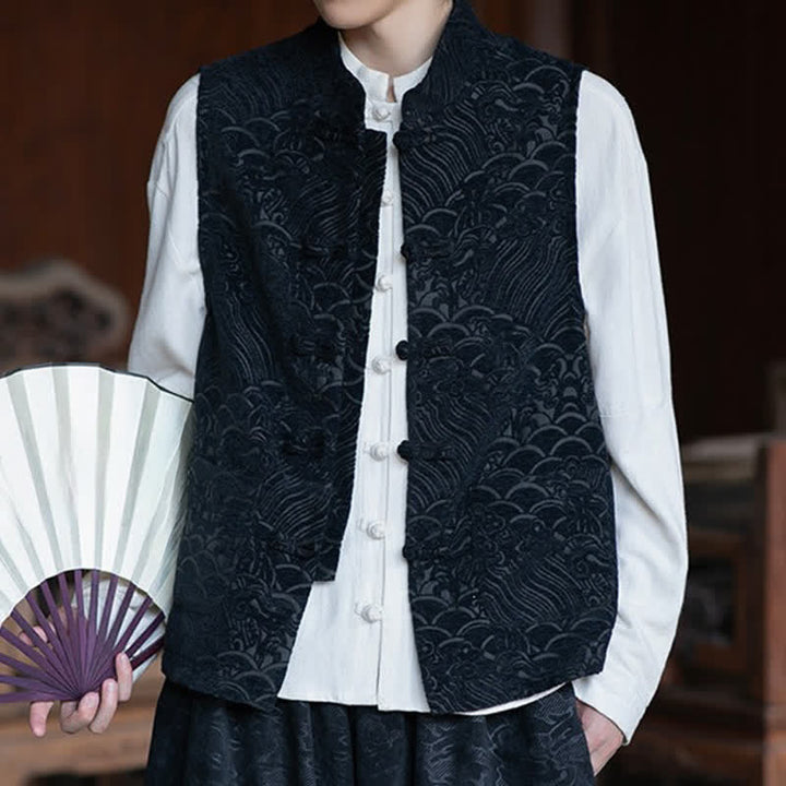 Buddha Stones Camisas sin mangas para hombre estilo Tang vintage con cuello mandarín, botones de rana y estampado jacquard abstracto. - image 7