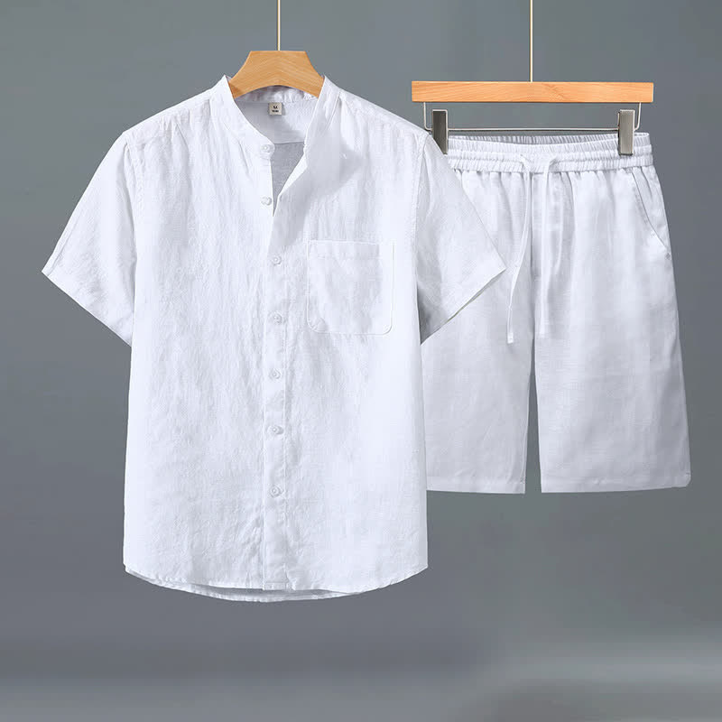 Buddha Stones Conjunto de 2 piezas de ropa informal de verano estilo Tang: camisa de manga corta con botones, pantalones cortos de lino liso para hombre, ideal para meditación, con bolsillo. - Camisa blanca + pantalón blanco - US/UK/AU42, EU52 (3XL) - image 7