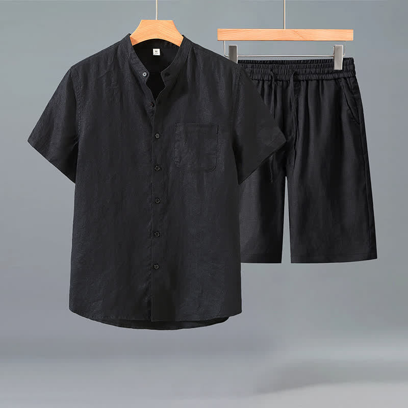 Buddha Stones Conjunto de 2 piezas de ropa informal de verano estilo Tang: camisa de manga corta con botones, pantalones cortos de lino liso para hombre, ideal para meditación, con bolsillo. - Camisa negra + pantalones negros - US/UK/AU42, EU52 (3XL) - image 4